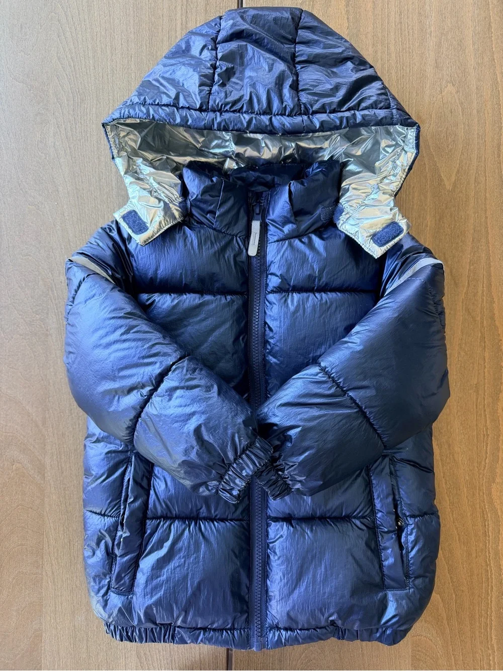 H&M Kids Navy Metallic Puffer Jacket Hooded Winter Coat Size 5T Blue Reflective